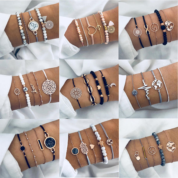 30 Styles Mix Lotus Shell Turtle Heart Wave LOVE Crystal Marble Stone Bracelets for Women Boho Tassel Bracelet Jewelry Wholesale