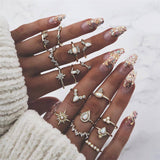 25 Styles Bohemian Gold Crown Moon Star Snake Cross Water Drops Crystal Ring Set Women Charm Joint Ring Party Wedding Jewelry