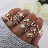 25 Styles Bohemian Gold Crown Moon Star Snake Cross Water Drops Crystal Ring Set Women Charm Joint Ring Party Wedding Jewelry