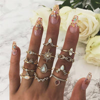 25 Styles Bohemian Gold Crown Moon Star Snake Cross Water Drops Crystal Ring Set Women Charm Joint Ring Party Wedding Jewelry