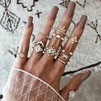 25 Styles Bohemian Gold Crown Moon Star Snake Cross Water Drops Crystal Ring Set Women Charm Joint Ring Party Wedding Jewelry