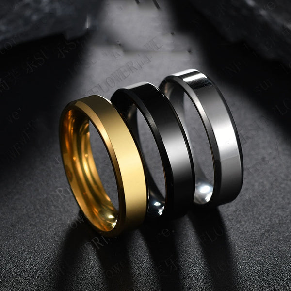 2019 6mm Titanium Steel Black Finger Rings Set For Man Silver Plated Ring For Women Golden-color Jewelry Female Wedding Ring