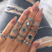 50 Styles Women Bohemian Vintage Crown Wave Flower Heart Lotus Star Leaf Crystal Opal Joint Ring Party Jewelry Silver Rings Set