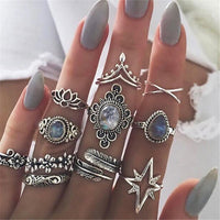 50 Styles Women Bohemian Vintage Crown Wave Flower Heart Lotus Star Leaf Crystal Opal Joint Ring Party Jewelry Silver Rings Set