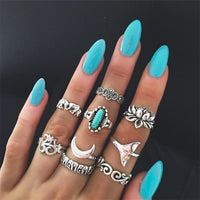 50 Styles Women Bohemian Vintage Crown Wave Flower Heart Lotus Star Leaf Crystal Opal Joint Ring Party Jewelry Silver Rings Set