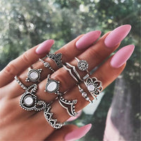 50 Styles Women Bohemian Vintage Crown Wave Flower Heart Lotus Star Leaf Crystal Opal Joint Ring Party Jewelry Silver Rings Set