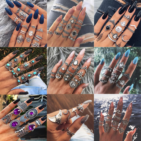 50 Styles Women Bohemian Vintage Crown Wave Flower Heart Lotus Star Leaf Crystal Opal Joint Ring Party Jewelry Silver Rings Set