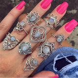 50 Styles Women Bohemian Vintage Crown Wave Flower Heart Lotus Star Leaf Crystal Opal Joint Ring Party Jewelry Silver Rings Set