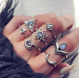 50 Styles Women Bohemian Vintage Crown Wave Flower Heart Lotus Star Leaf Crystal Opal Joint Ring Party Jewelry Silver Rings Set