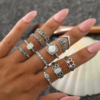 50 Styles Women Bohemian Vintage Crown Wave Flower Heart Lotus Star Leaf Crystal Opal Joint Ring Party Jewelry Silver Rings Set