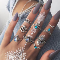 50 Styles Women Bohemian Vintage Crown Wave Flower Heart Lotus Star Leaf Crystal Opal Joint Ring Party Jewelry Silver Rings Set