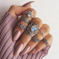 50 Styles Women Bohemian Vintage Crown Wave Flower Heart Lotus Star Leaf Crystal Opal Joint Ring Party Jewelry Silver Rings Set