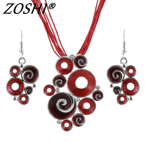 Fashion Enamel Multi Ropes Leather Chain Silver Plated Geometry Pendant Necklace Earring Sets Women Wedding Costume Jewelry Set