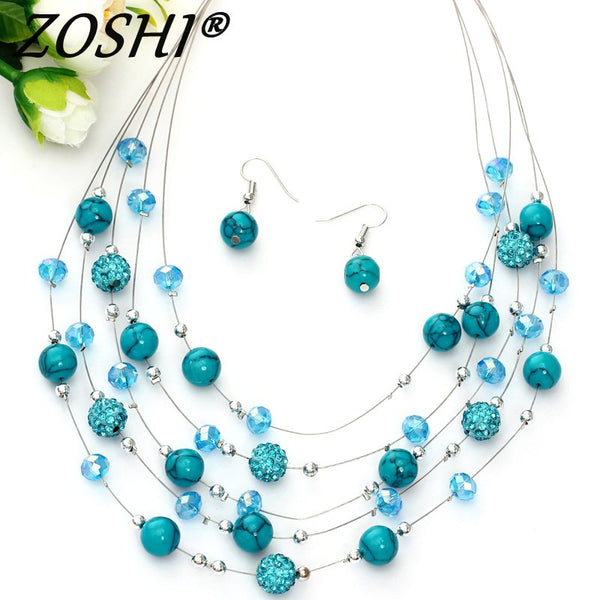 Fashion Jewelry Sets Women Joker Bohemian Crystal Silver Multilayer Coral Stone Beads Statement Chocker Necklace Earrings Set