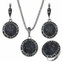 Wholesale Vintage Black Gem Jewelry Set Fashion Women Jewelry Set Antique Silver Crystal Round Stone Pendant Necklace Sets 3Pc