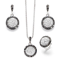 Wholesale Vintage Black Gem Jewelry Set Fashion Women Jewelry Set Antique Silver Crystal Round Stone Pendant Necklace Sets 3Pc