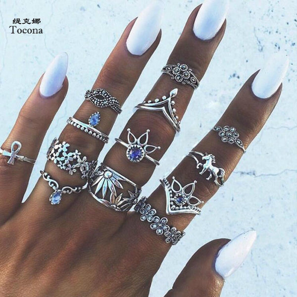 Tocona 13pcs/Set Bohemia Antique Silver Crown Flower Unicorn Carved Rings Sets RhineStone Knuckle Rings for Women Jewelry 4841