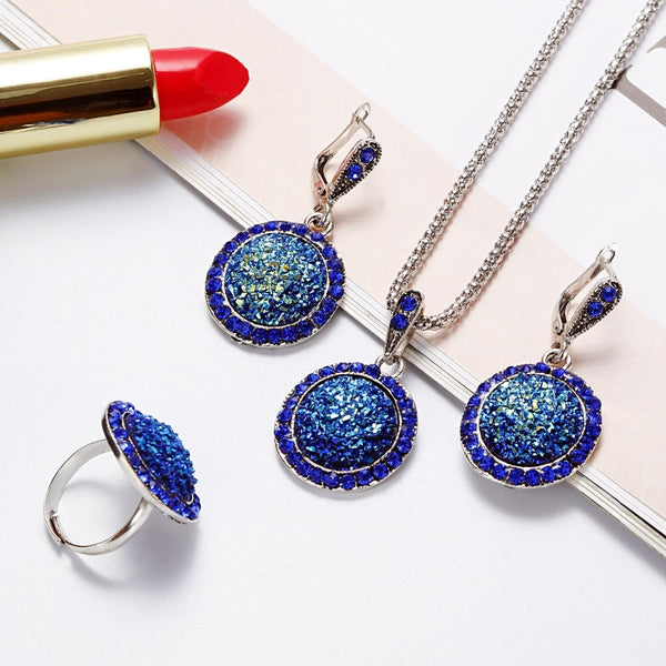 3pcs Vintage Colorful Gem Jewelry Set Women Antique Silver Jewelry Set Crystal Round Broken Stone Pendant Necklace Earrings Sets